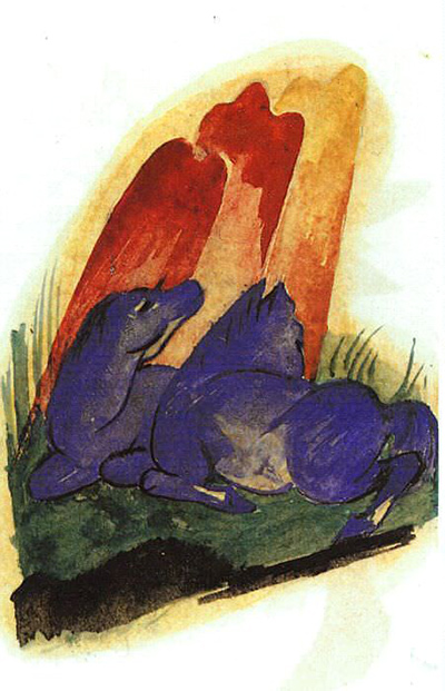 Two Blue Horses in front of Red Rock Franz Marc